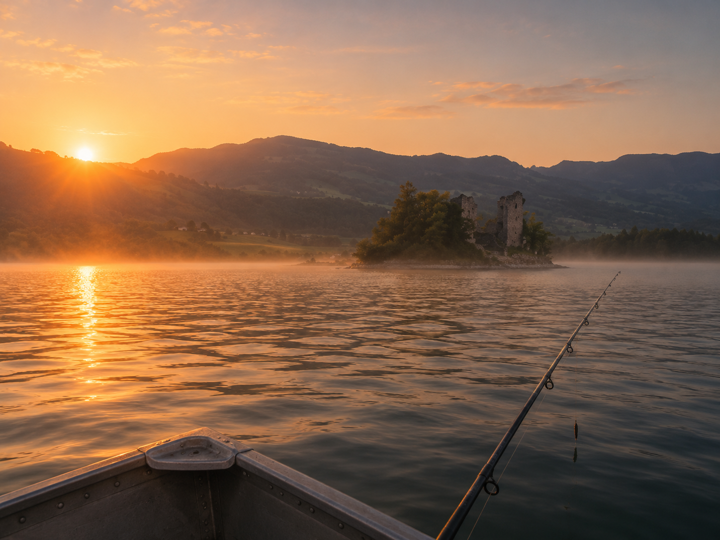 Pêche au lever du soleil sur le lac de la Gruyère, vue sur l'île d'Ogoz